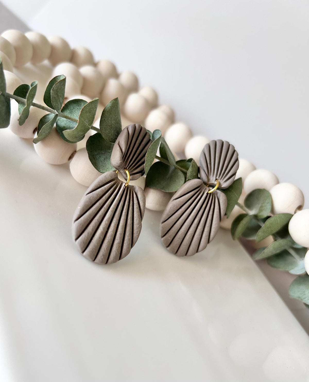 Khaki Neutral Seashell Earrings, Stud Drop Dangles, Coastal Beach Vacation Clay Jewelry, Hypoallergenic Lightweight