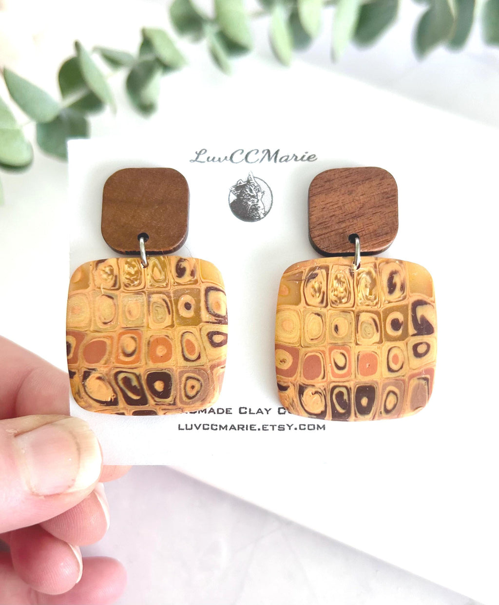 Boho Clay and Wood Stud Earrings: Mustard Yellow Retro Square Dangles