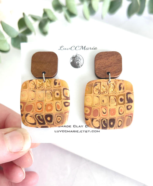 Boho Clay and Wood Stud Earrings: Mustard Yellow Retro Square Dangles