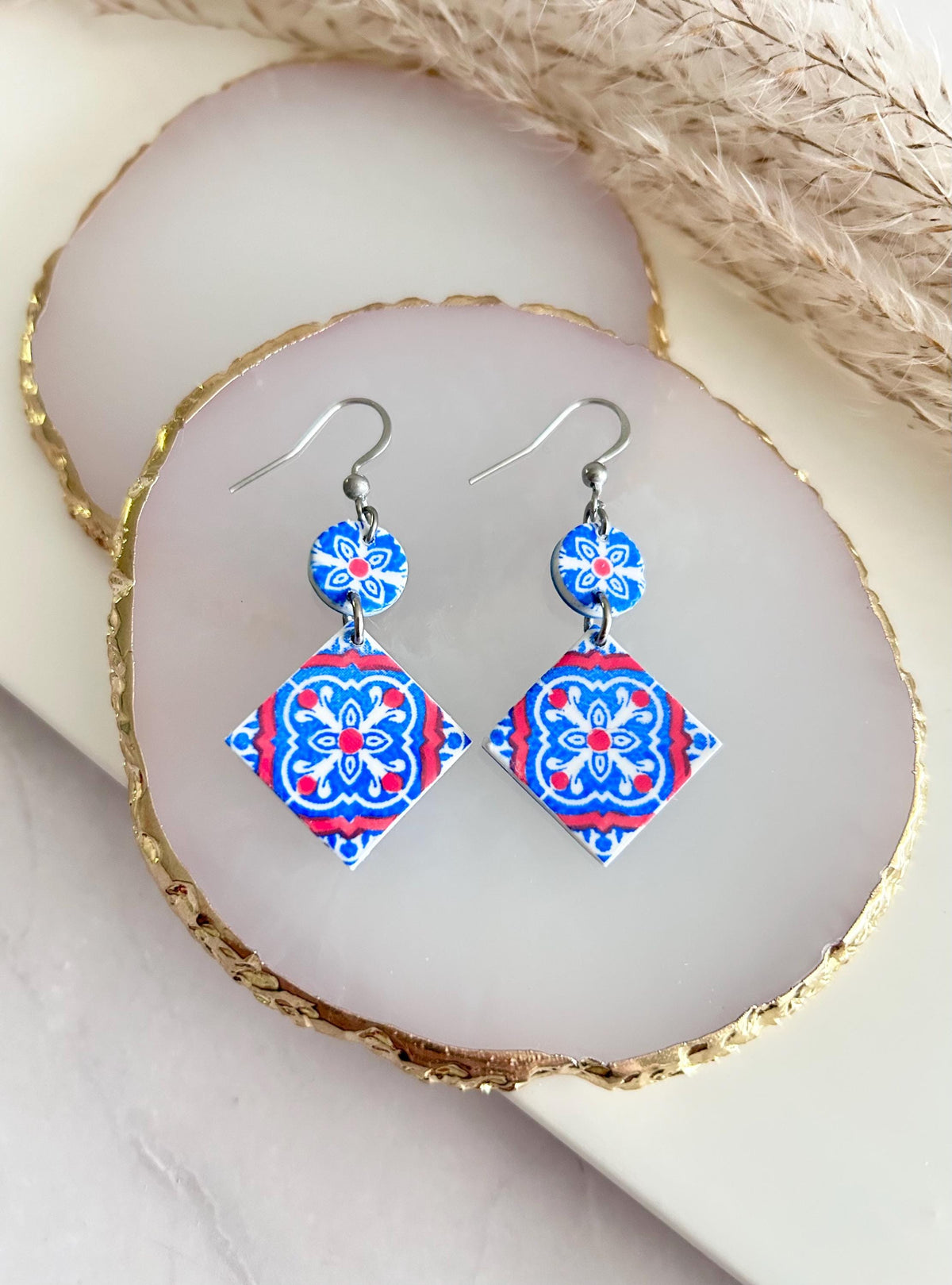 Cobalt Blue Tile 4th of July Earrings, Greek Dangles, Handmade Boho Clay Jewelry