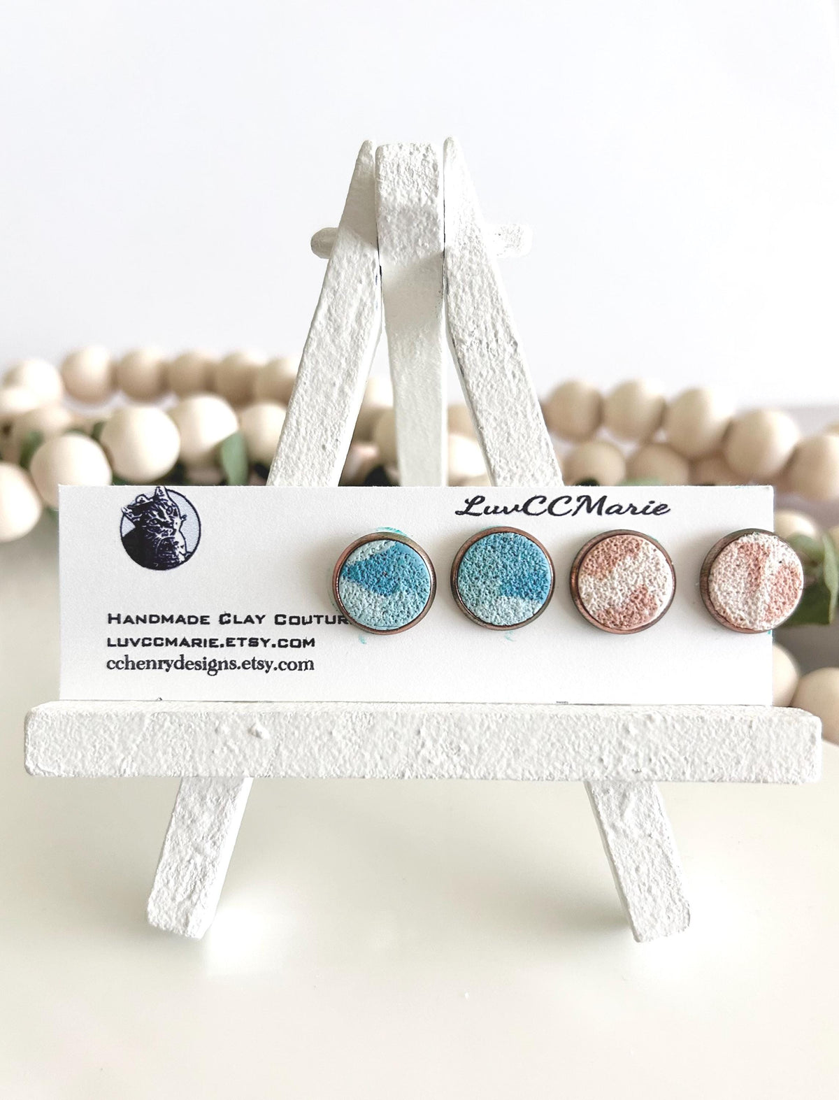 Beige and Blue Terrazzo Clay Stud Earrings Set, Beachy Coastal Vacation Studs, Handmade Jewelry