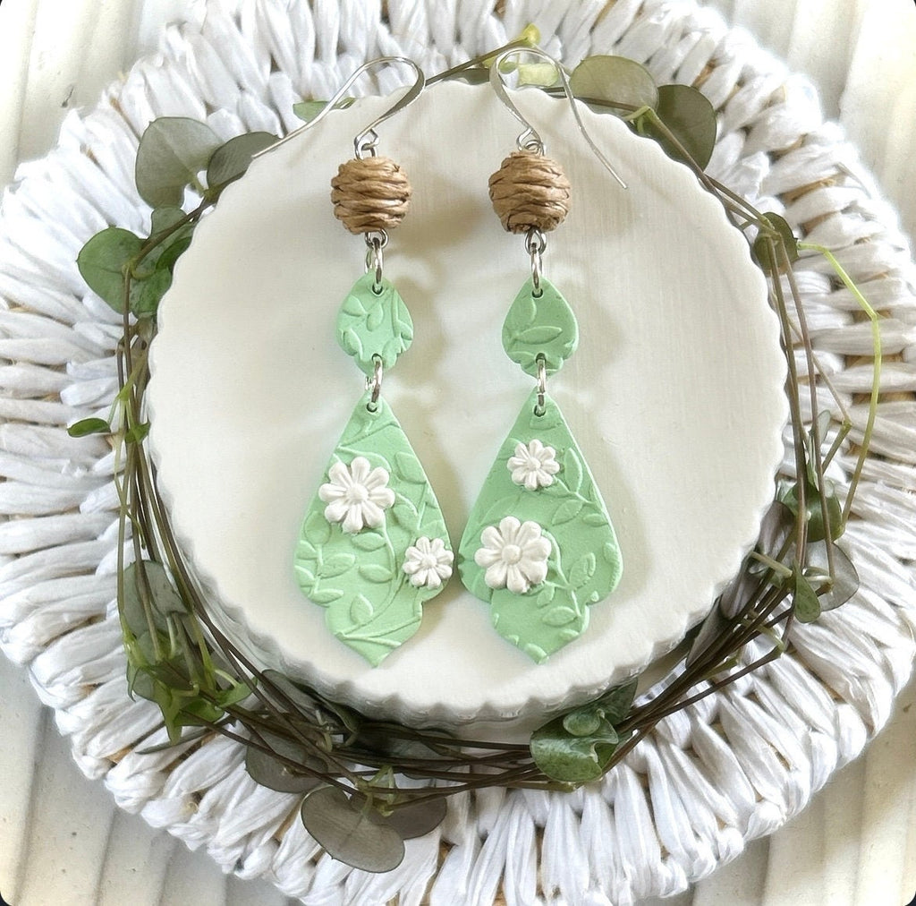 Green and White Daisy Earrings, Clay Drop Long Dangles, Handmade Floral Flower Jewelry