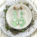 Green and White Daisy Earrings, Clay Drop Long Dangles, Handmade Floral Flower Jewelry