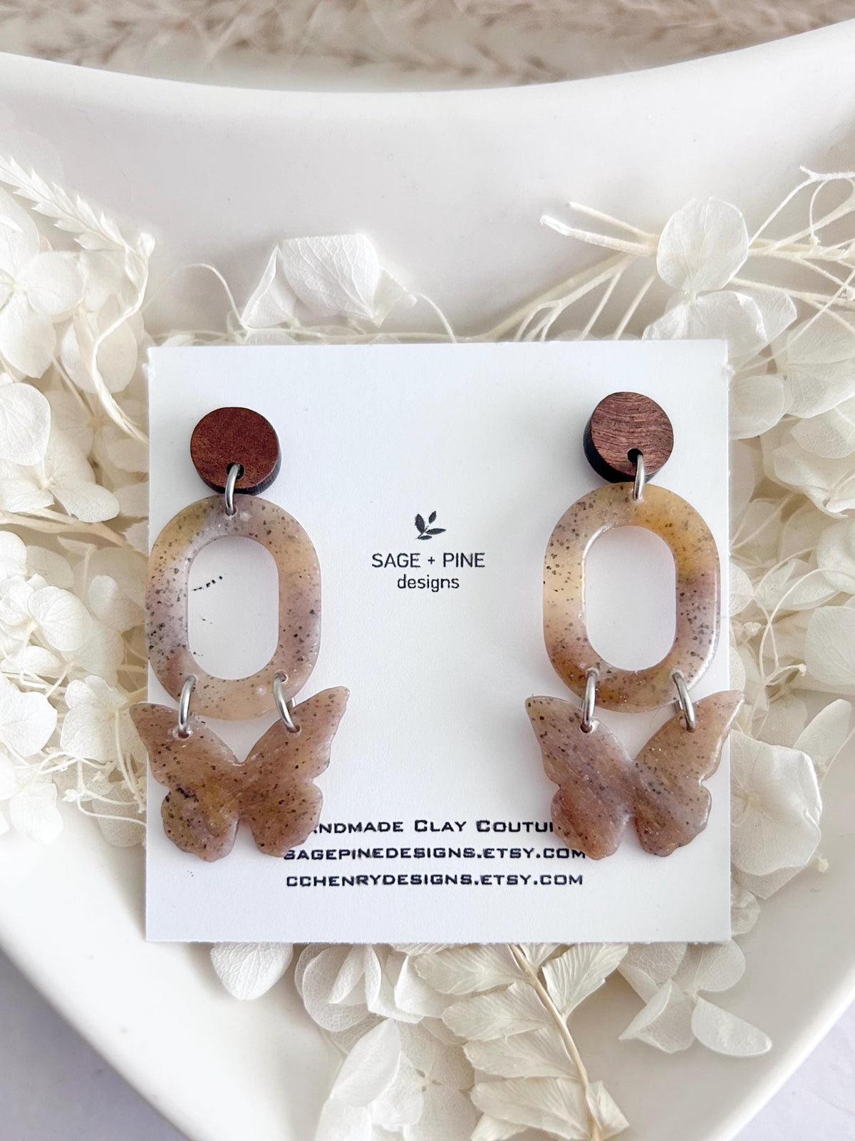 Neutral Beige Tortoiseshell Butterfly Clay Earrings, Boho Wood Dangles, Lightweight Handmade Fall Jewelry