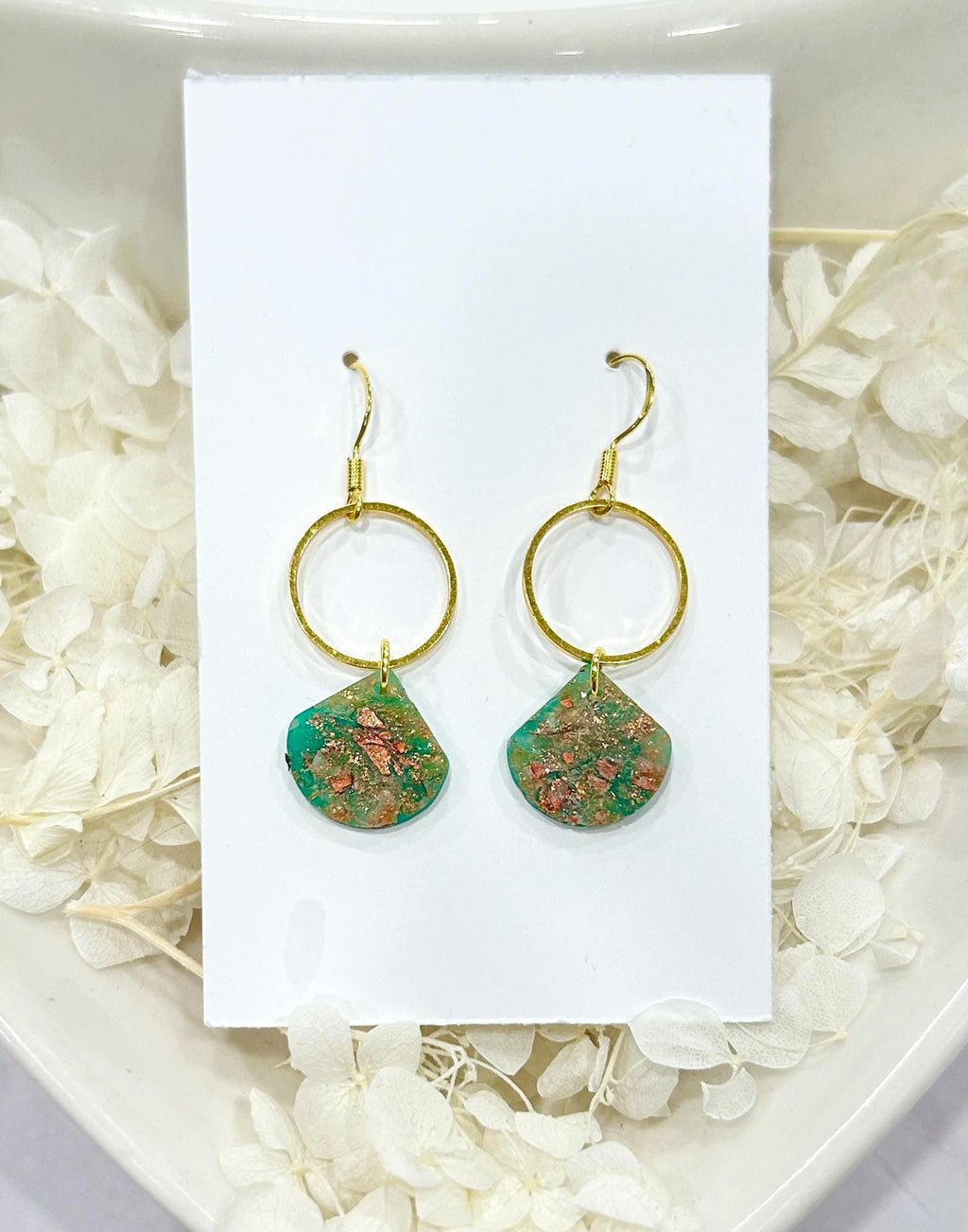 Emerald Green, Gold and Copper Clay Earrings, Handmade Boho Hoop Dangles, Jewelry Gift