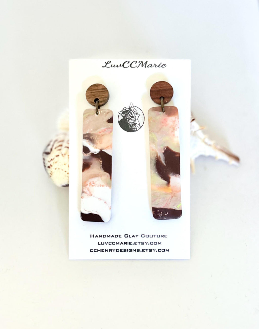 Brown Polymer Clay Earrings, Wood Stud Dangles, Handmade Fashion Jewelry Gift