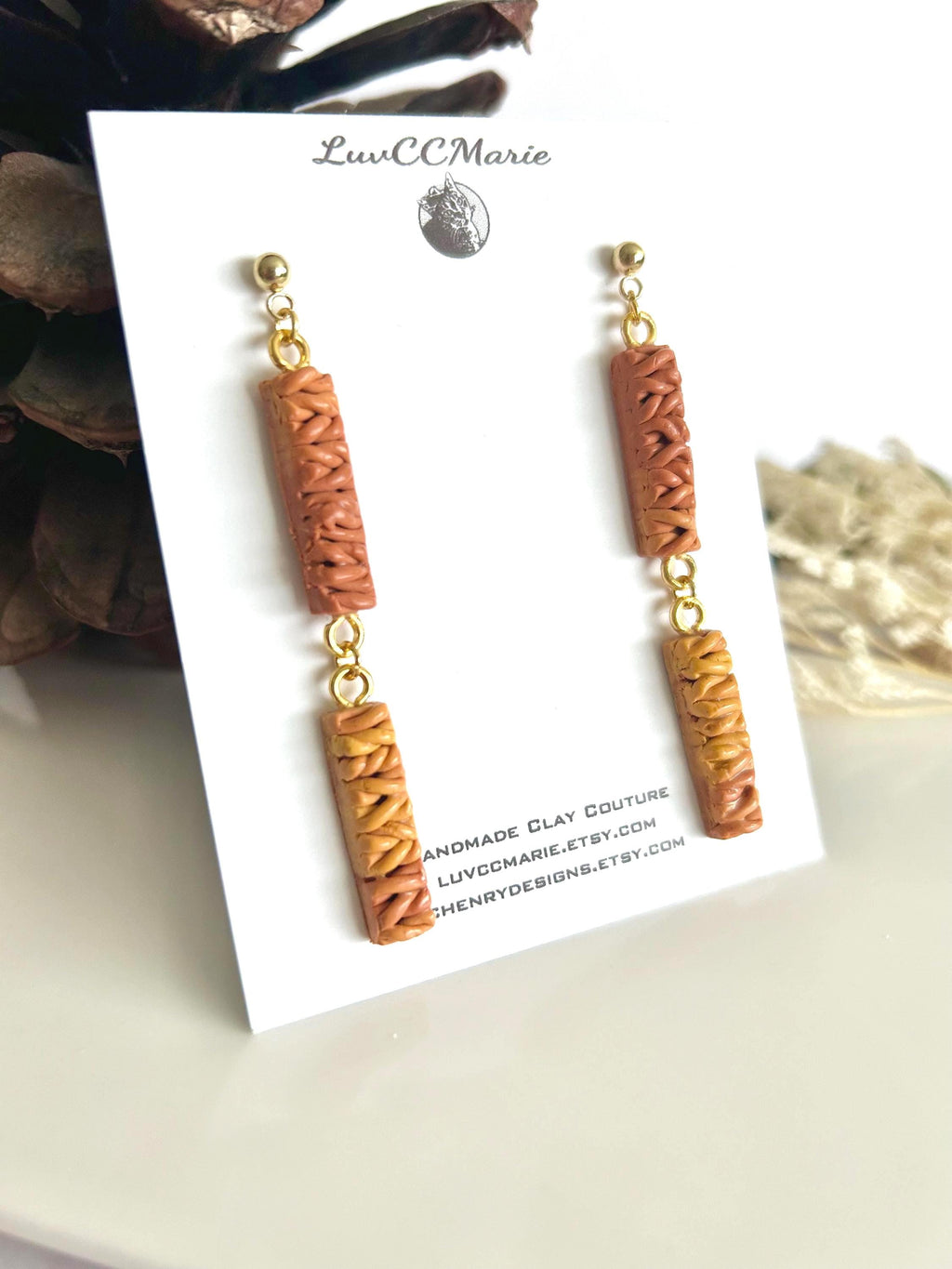 Mustard Yellow Dangle Earrings, Knit Ombre Burnt Orange Clay Dangles, Handmade Jewelry for Mom
