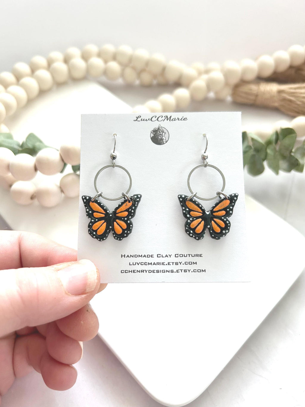 Monarch Earrings, Butterfly Dangles, Orange and Black, Handmade Fashion Jewelry