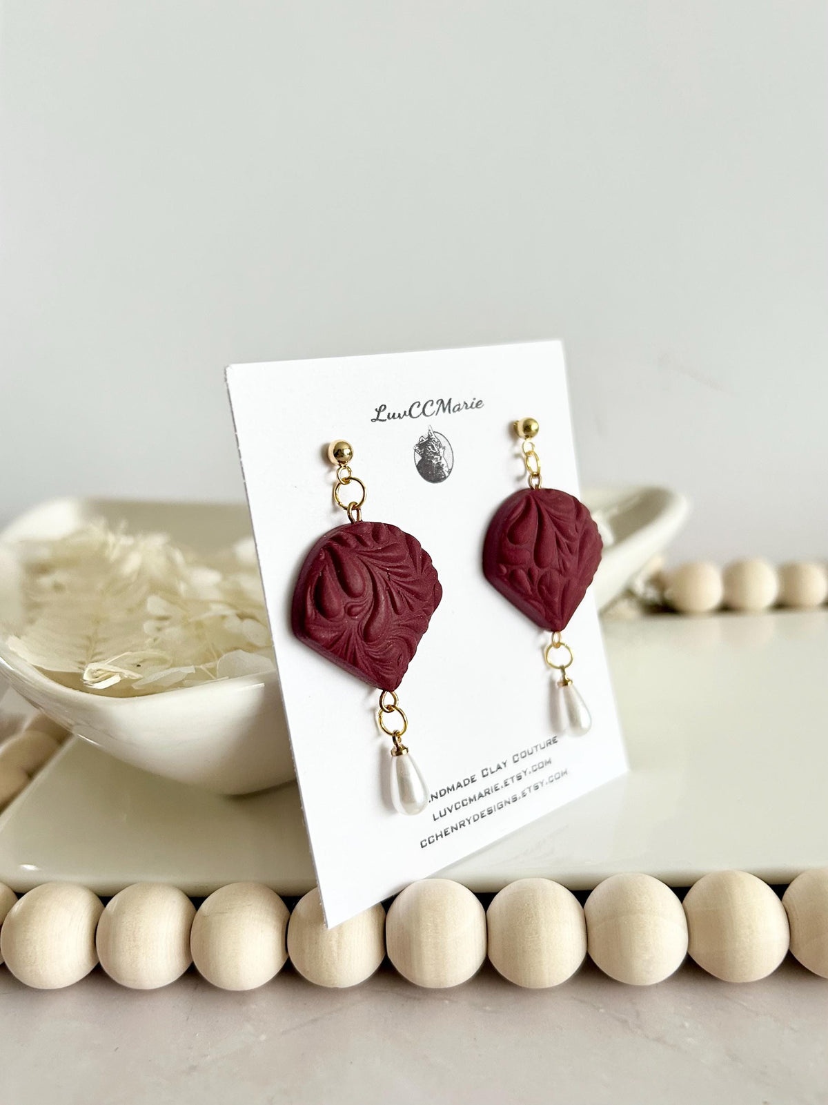 Dark Red or Matte Black Pearl Earrings, Clay and Gold Floral Jewelry Handmade Gift