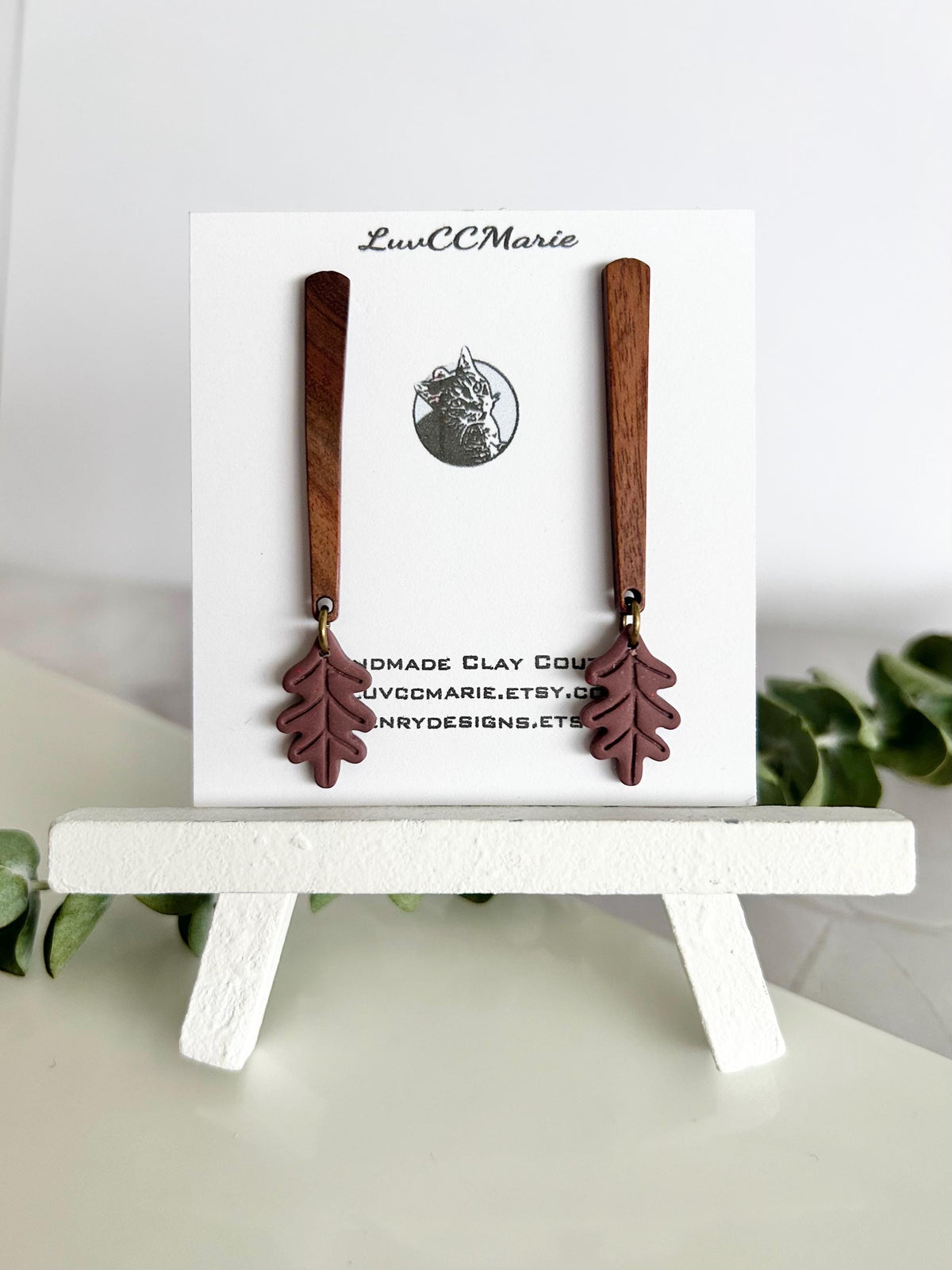 Handmade Clay Fall Leaf Earrings, Wood Bar Dangles, Brown Leaves Autumn Jewelry