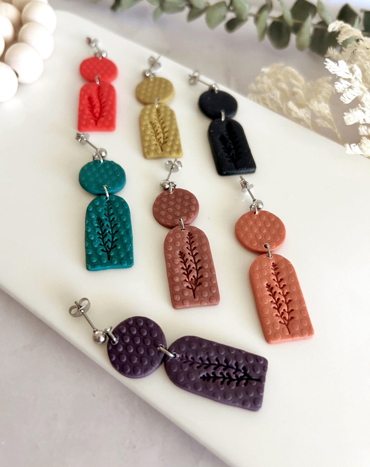 Polka Dot Botanical Clay Dangle Earrings, Handmade Art Jewelry Gift