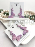 Lavender Floral Butterfly Earrings, Light Purple Embossed Dangles, Handmade Clay Jewelry Gift