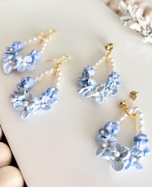 Blue Dangle Flower Earrings, Big Floral Drop Dangles, Iridescent Pearl Unique Statement Jewelry Gift