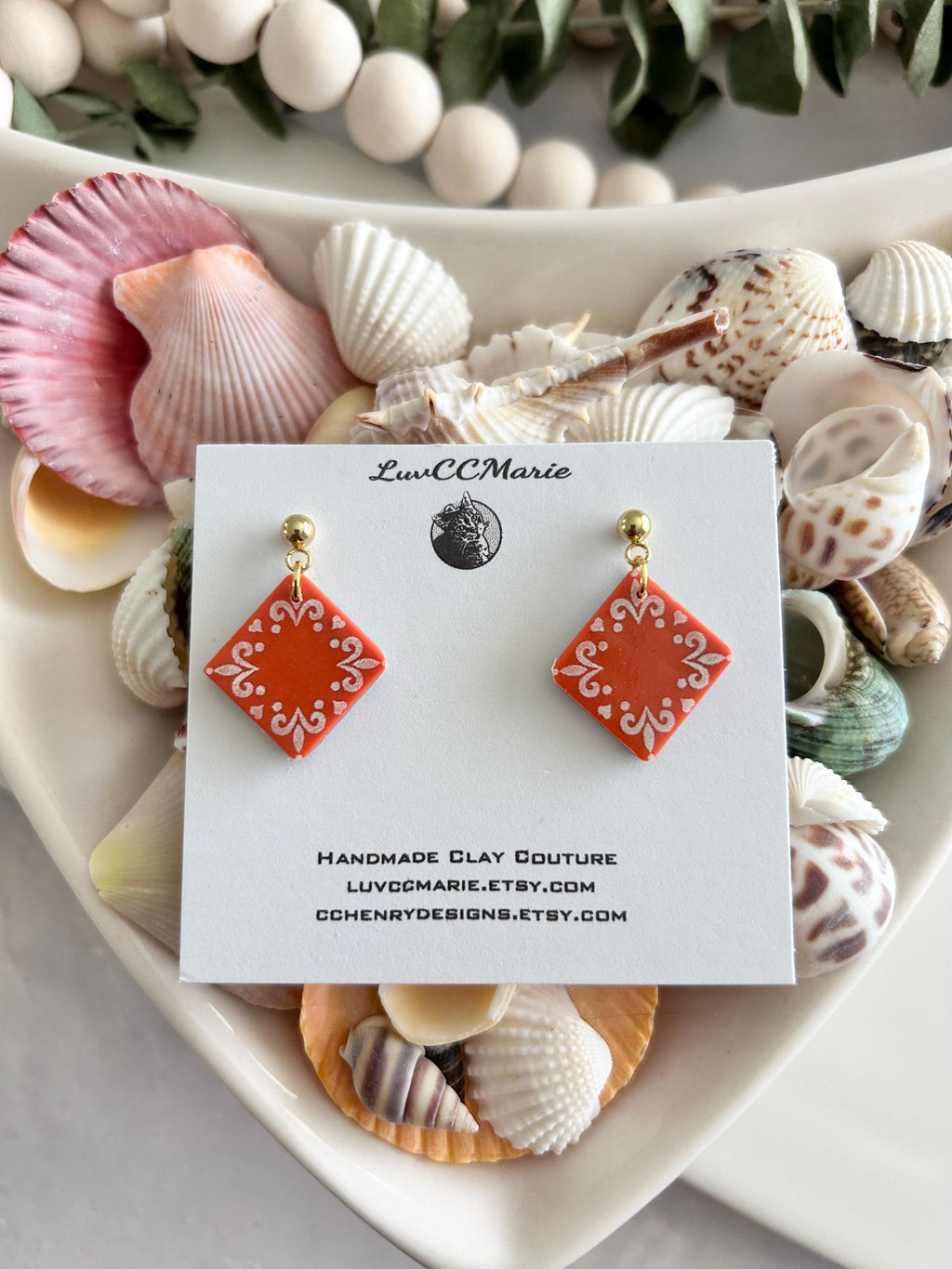 Coral Tile Clay Earrings: Hand-Painted Boho Dangle Jewelry
