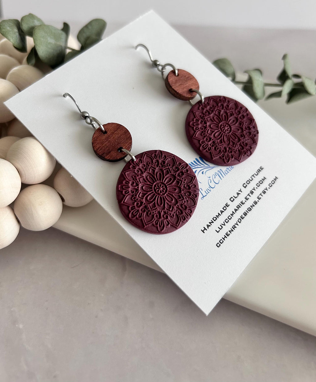 Boho Clay and Wood Stud Earrings: Blue Mandala Circle Dangles