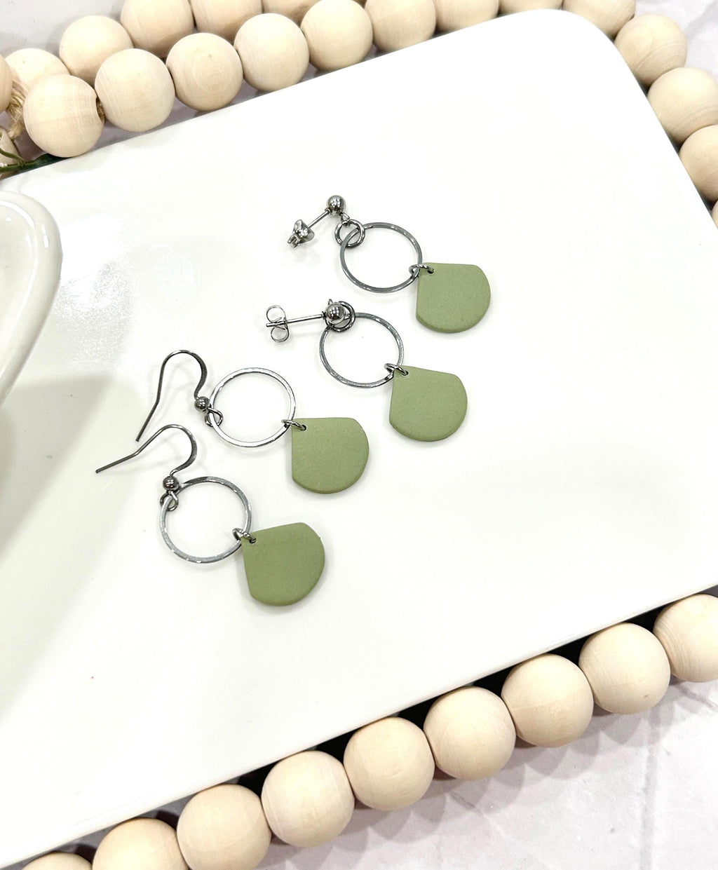 Handmade Sage Green Clay Earrings, Neutral Minimal Hoop Drop Dangles, Boho Jewelry Gift