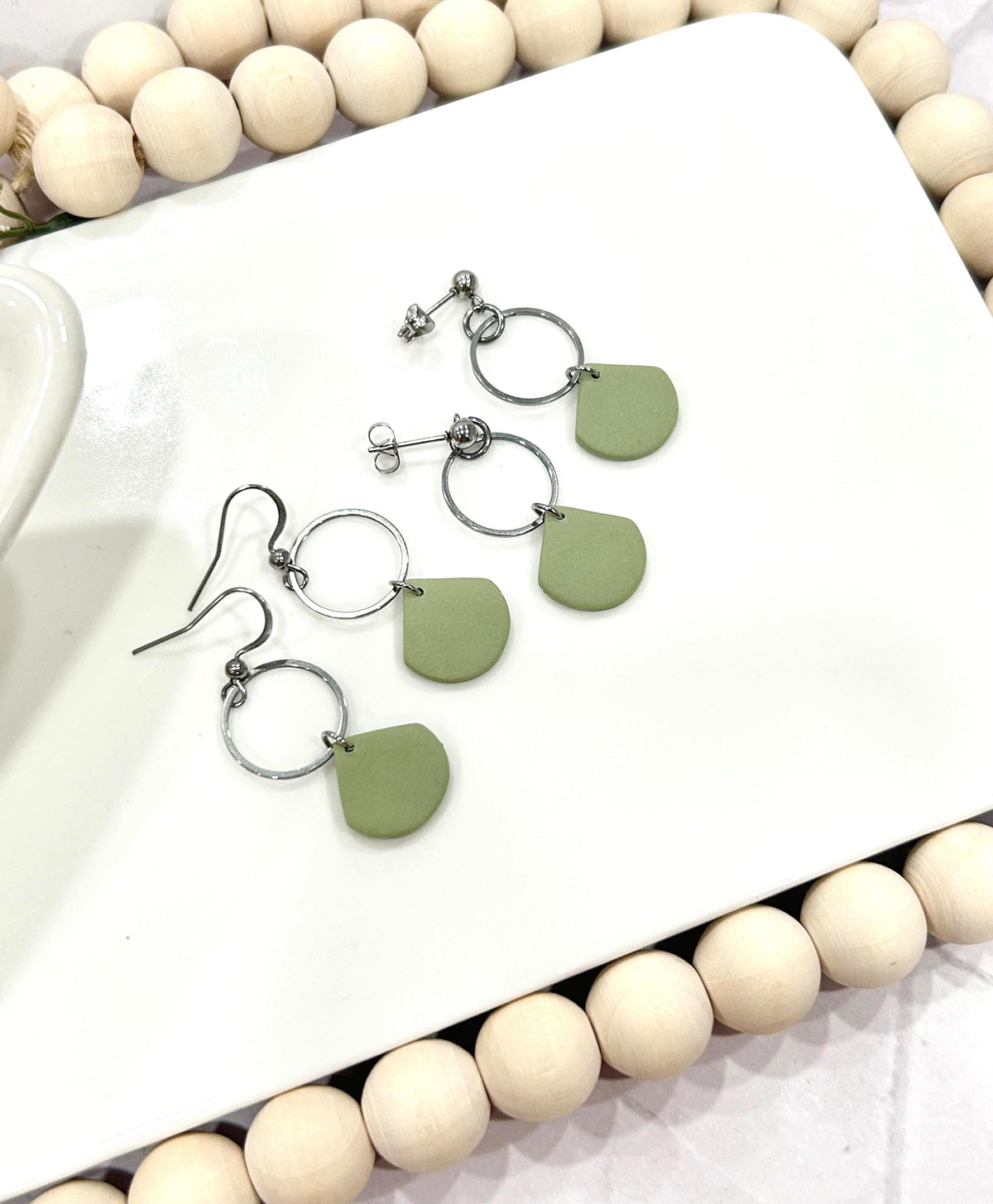 Handmade Sage Green Clay Earrings, Neutral Minimal Hoop Drop Dangles, Boho Jewelry Gift