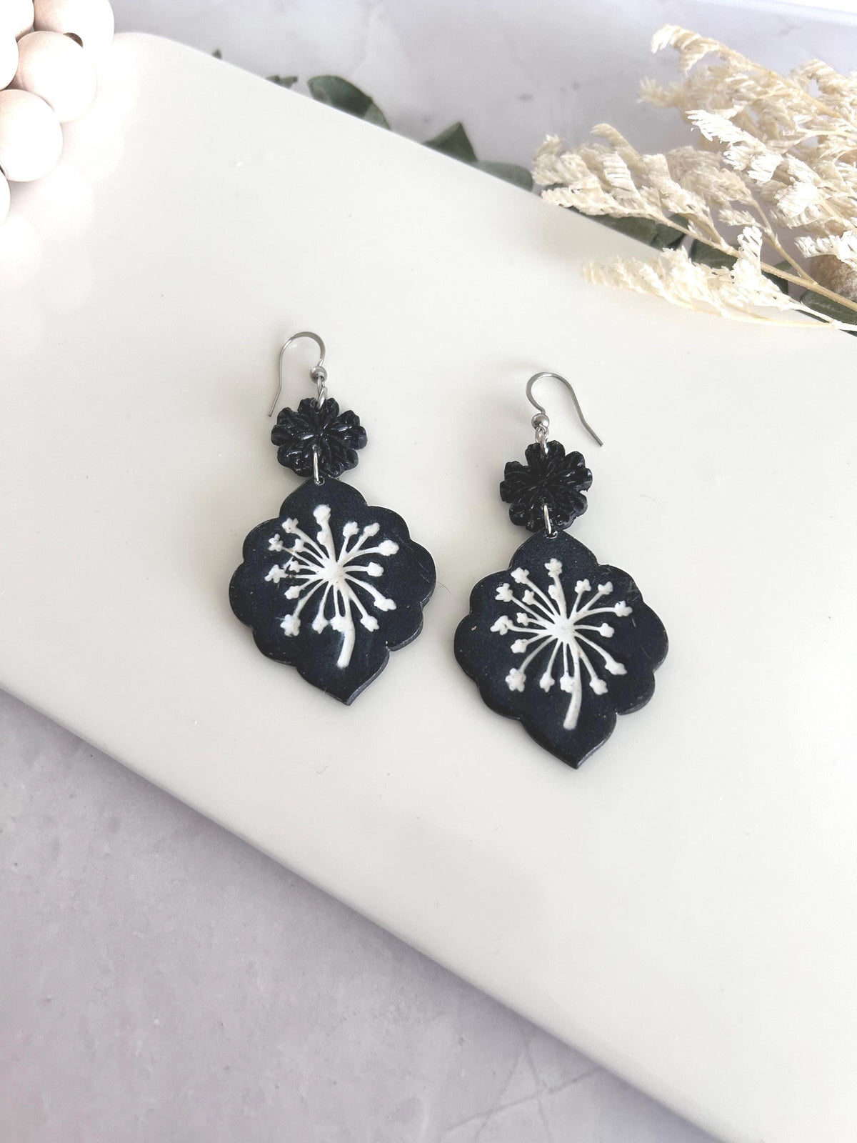 Black Dandelion Statement Earrings, White Floral Clay Dangles, Handmade Jewelry Gift for Her