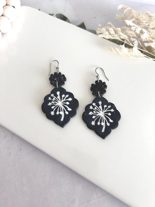 Black Dandelion Statement Earrings, White Floral Clay Dangles, Handmade Jewelry Gift for Her