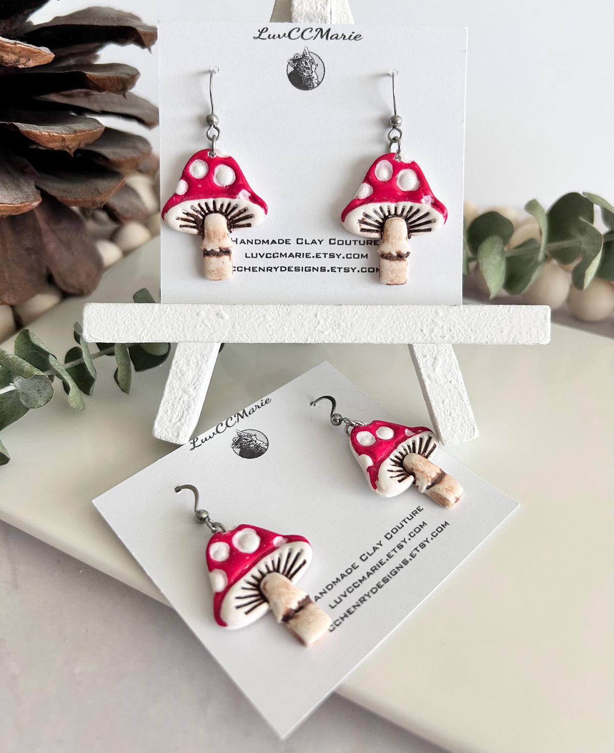 Mushroom Earrings, Polymer Clay Toadstool Polka Dot Whimsical Hand Painted Handmade Jewelry