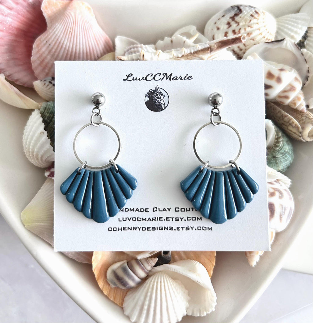 Teal Blue and Silver Dangle Earrings, Handmade Clay Hoop Dangles, Coastal Vacation Jewelry Gift