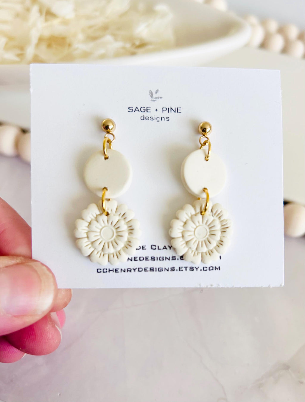 Creamy White Clay Earrings, Floral Embossed Drop Dangles, Handmade Fashion Boho Jewelry