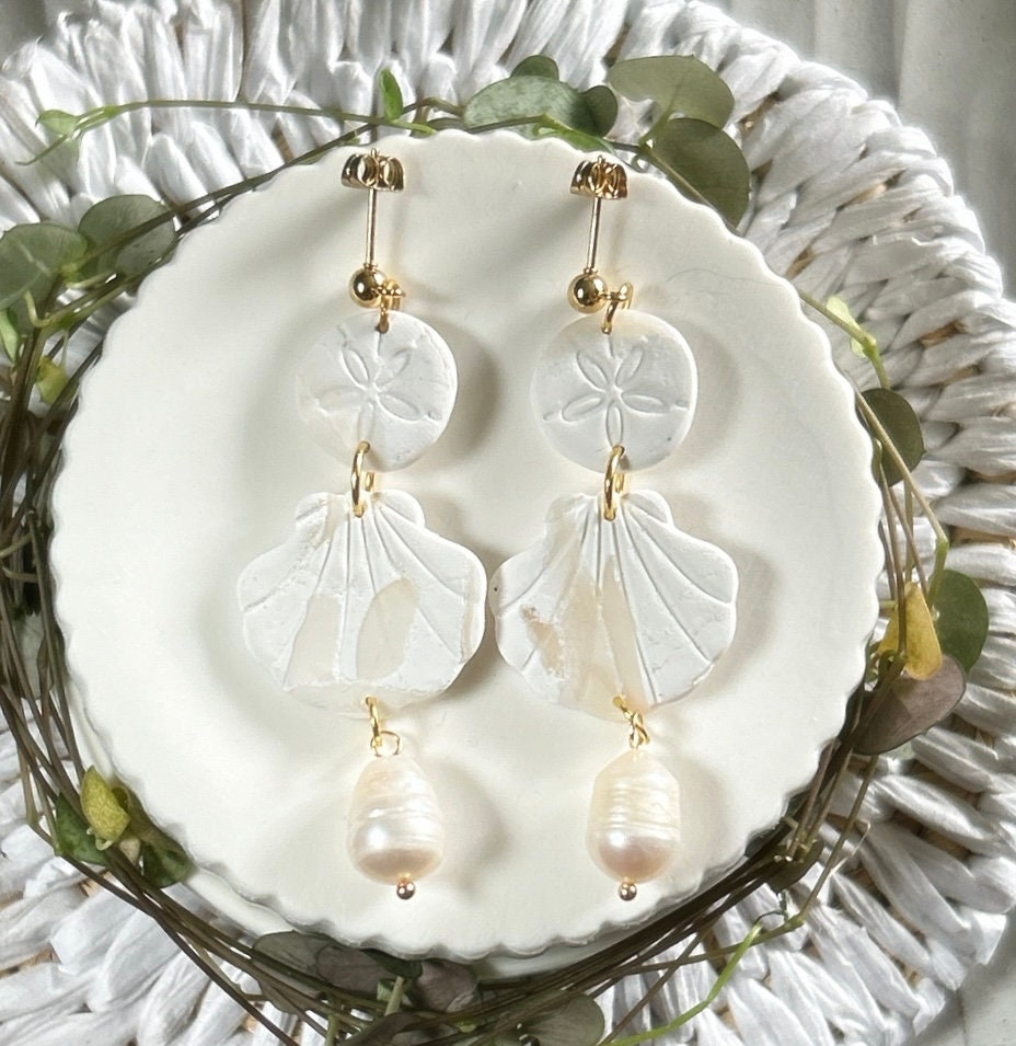 Seashell Earrings, Coastal Vacation Dangles, Beachy Sand Dollar Pearl Handmade Clay Jewelry Gift