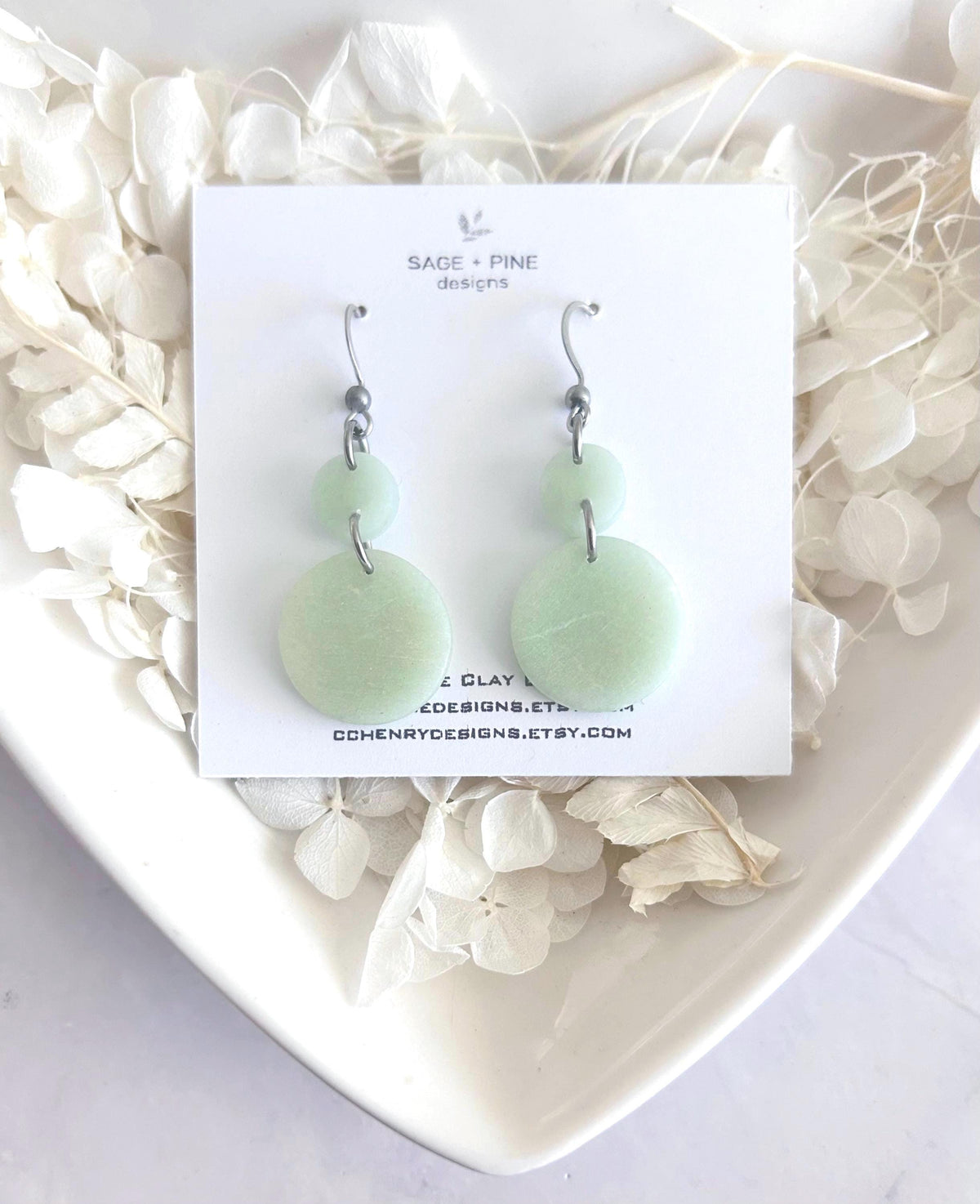 Light Green Drop Earrings, Silver Sage Dangles, Jade Colored Bead Drops, Handmade Clay
