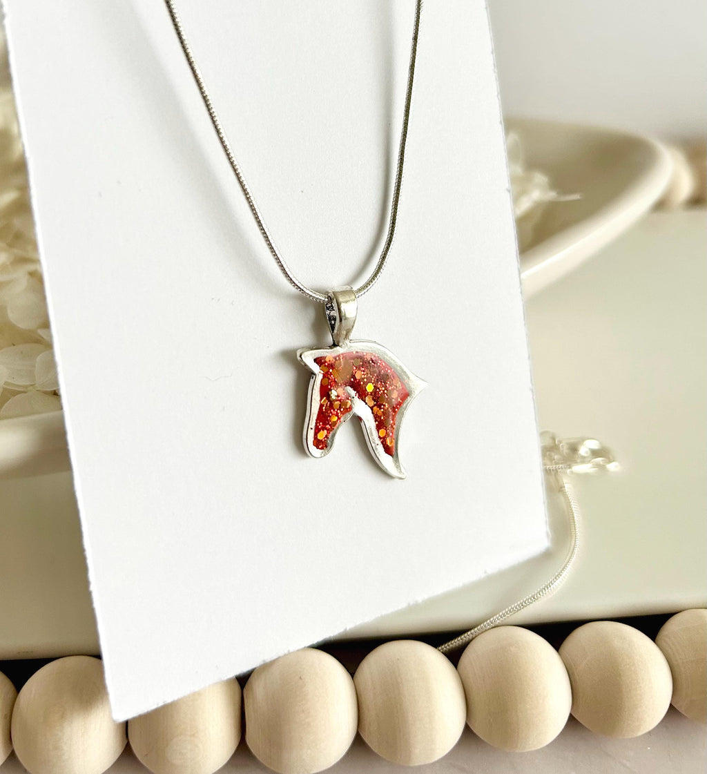 Year of the Horse Fire Necklace, Red and Silver Sparkly Pendant, Handmade Fashion Clay Jewelry