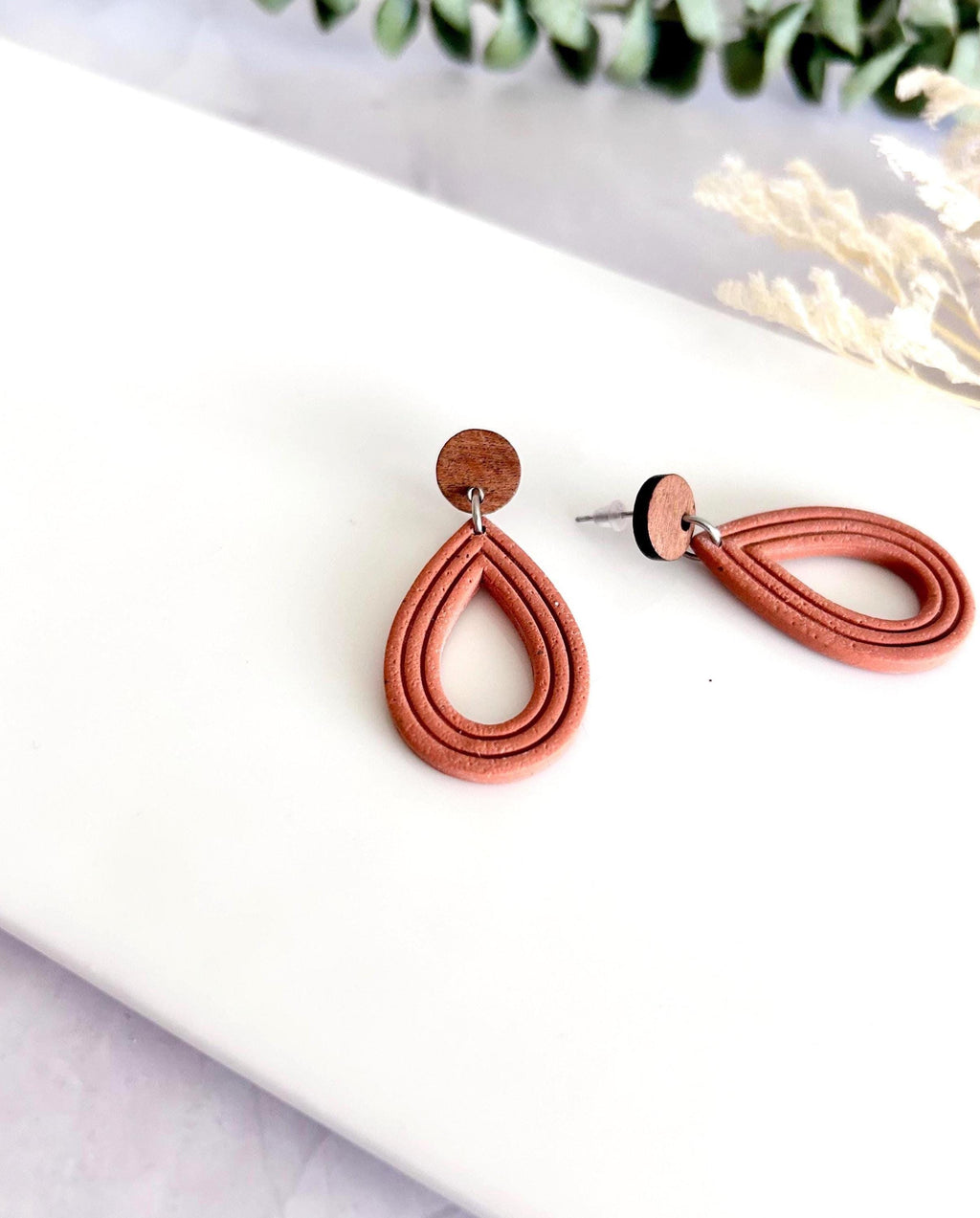 Rust Brown Terracotta Clay and Wood Dangle Earrings, Small Mexican Neutral Handmade Boho Jewelry