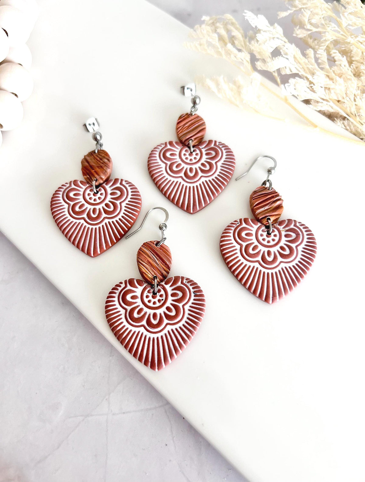 Heart Dangles, Folk Art Clay Earrings, Boho Terracotta Polymer Handmade Jewelry Gifts