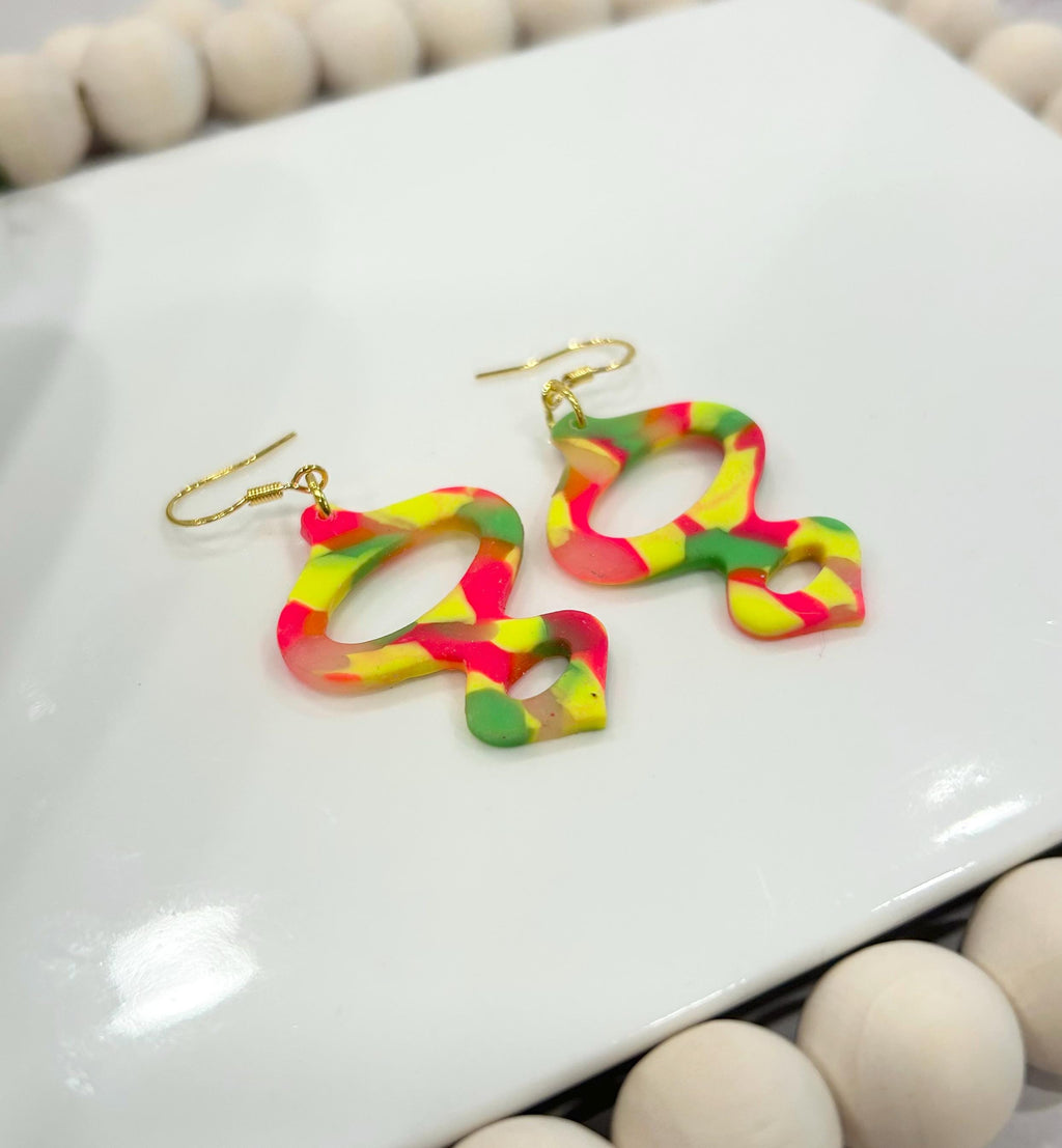 Handmade Neon 80s Polymer Clay Dangle Earrings, Mid-Century Modern Retro Vintage Style Dangles