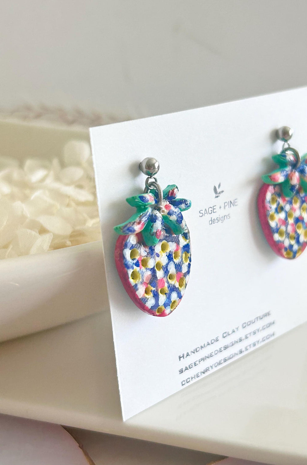 Strawberry Earrings, Clay Dangles, Red White Blue