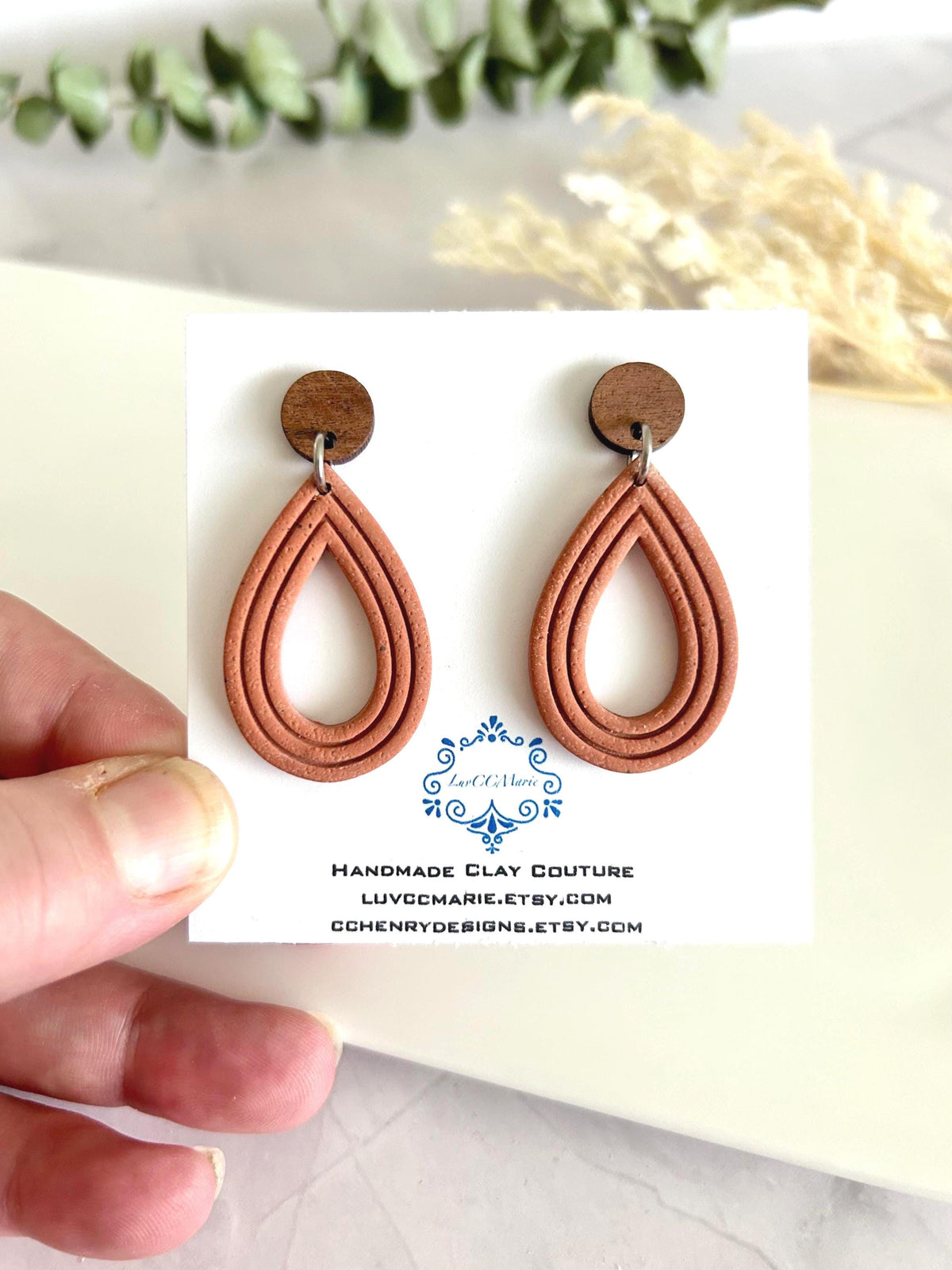 Rust Brown Terracotta Clay and Wood Dangle Earrings, Small Mexican Neutral Handmade Boho Jewelry