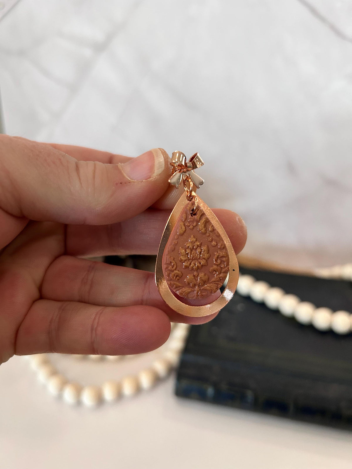 Copper and Clay Dangle Earrings, Mauve Pink Teardrop Dangles, Lightweight Boho Handmade Jewelry