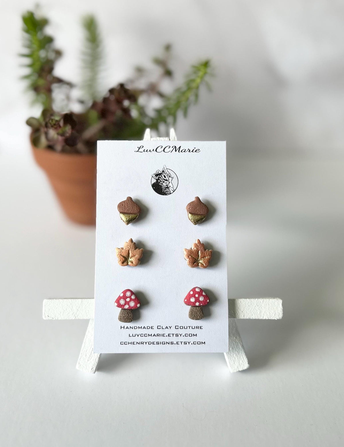 Clay Stud Earrings Set, Acorn, Fox, Maple Leaf, Mushroom, Toadstool, Handmade Fashion Fall Jewelry