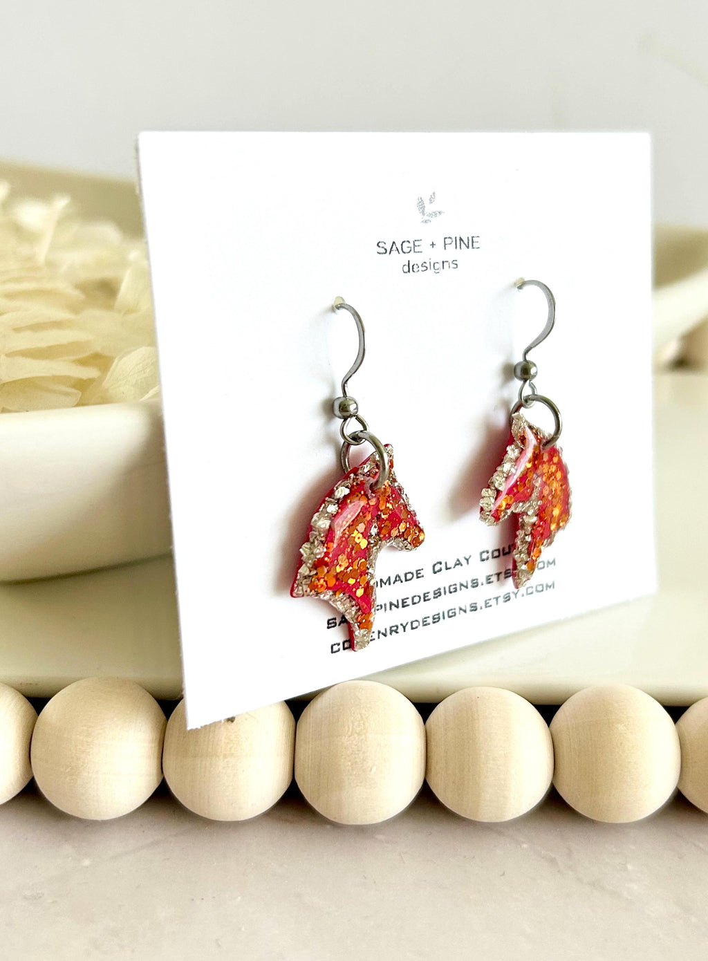 Fire Horse Earrings, Red and Silver Sparkly Dangles, Handmade Fashion Clay Jewelry