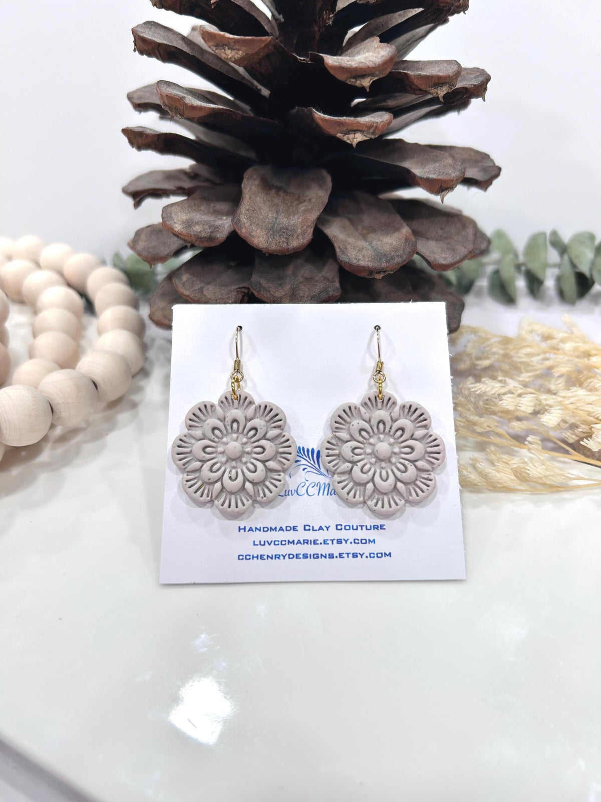 Minimalist Floral Clay Earrings, Creamy White Flower Dangles, Handmade Gift