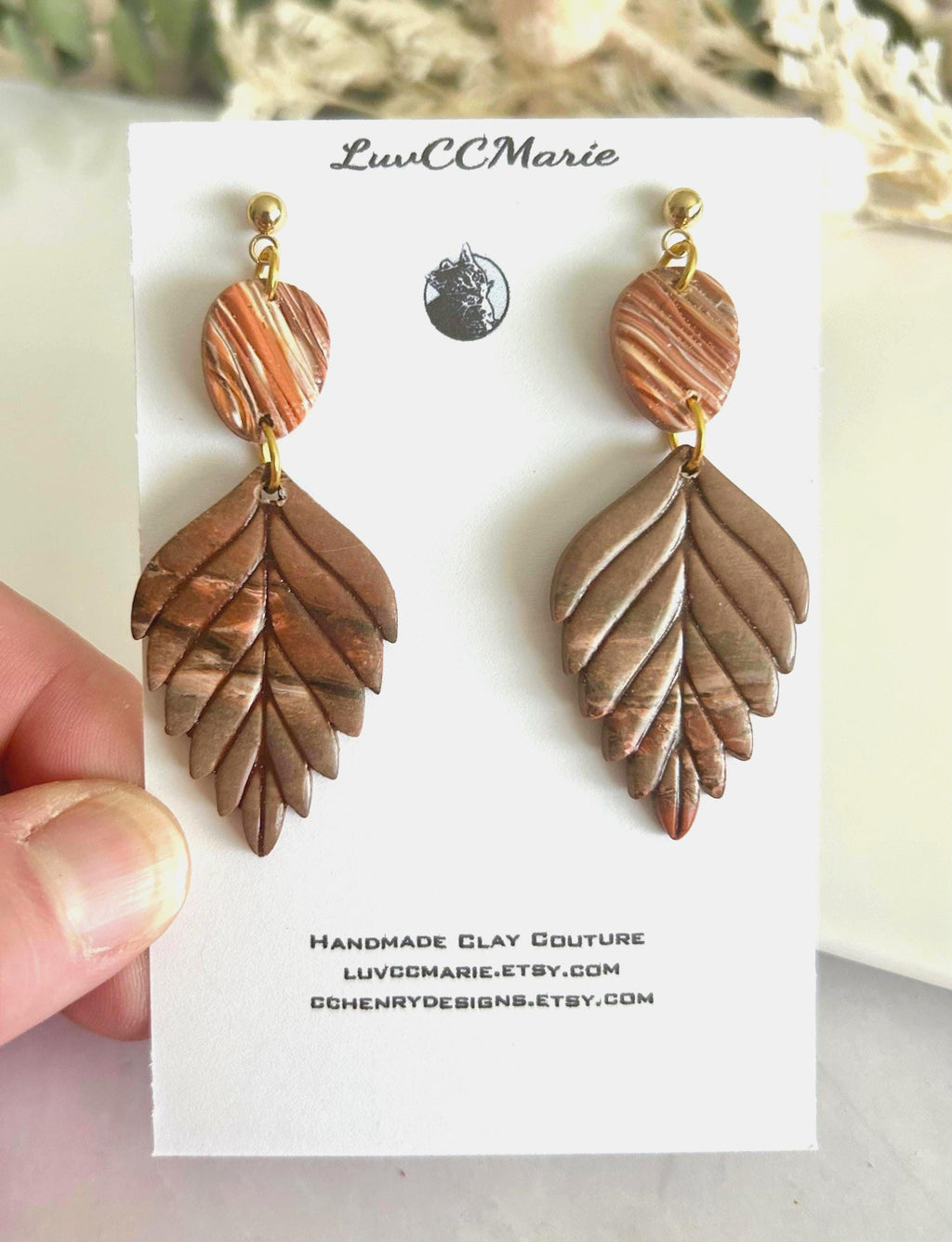 Brown Fall Leaf Earrings, Marbled Dangles, Handmade Clay Autumn Jewelry