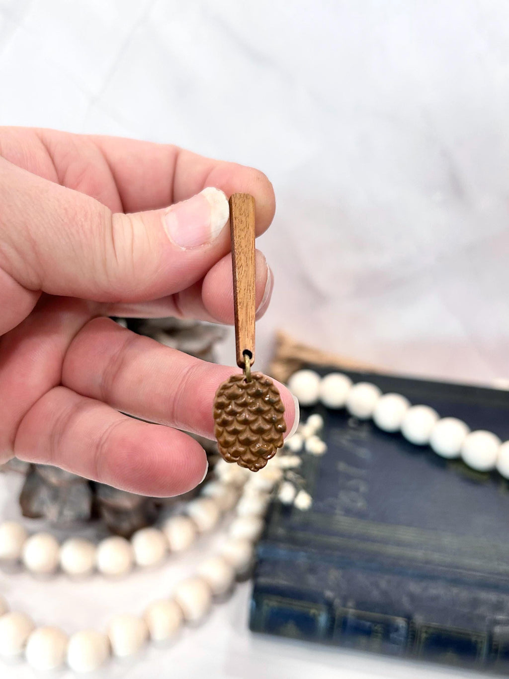 Pine Cone Clay Earrings, Wood Bar Drop Dangles, Handmade Lightweight Boho Jewelry