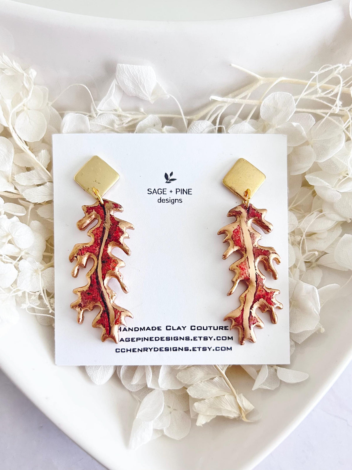Fall Leaf Clay Earrings, Red and Gold Autumn Dangles, Boho Hypoallergenic Lightweight Jewelry
