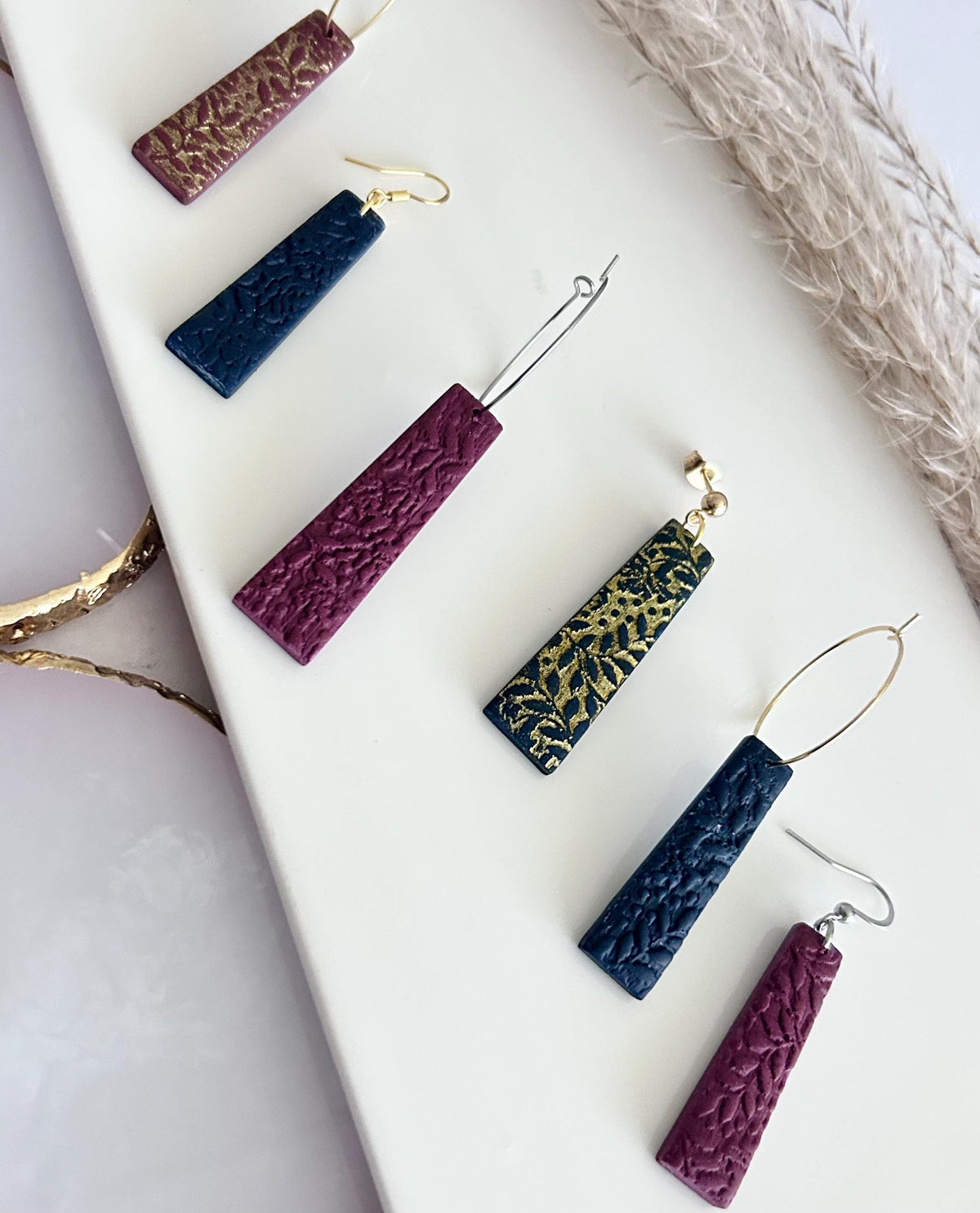 Gold & Burgundy Clay Earrings, Floral Vine Embossed Dangles, Handmade Fashion Boho Jewelry