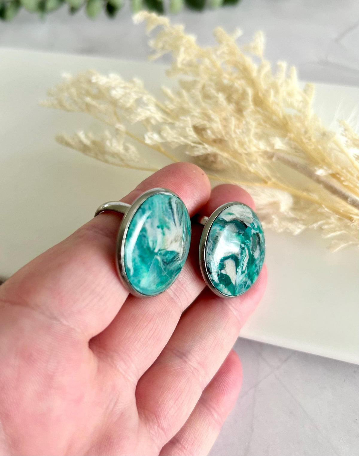 Green Faux Malachite Stone Polymer Clay Ring, Stainless Steel Adjustable Band, Handmade Jewelry