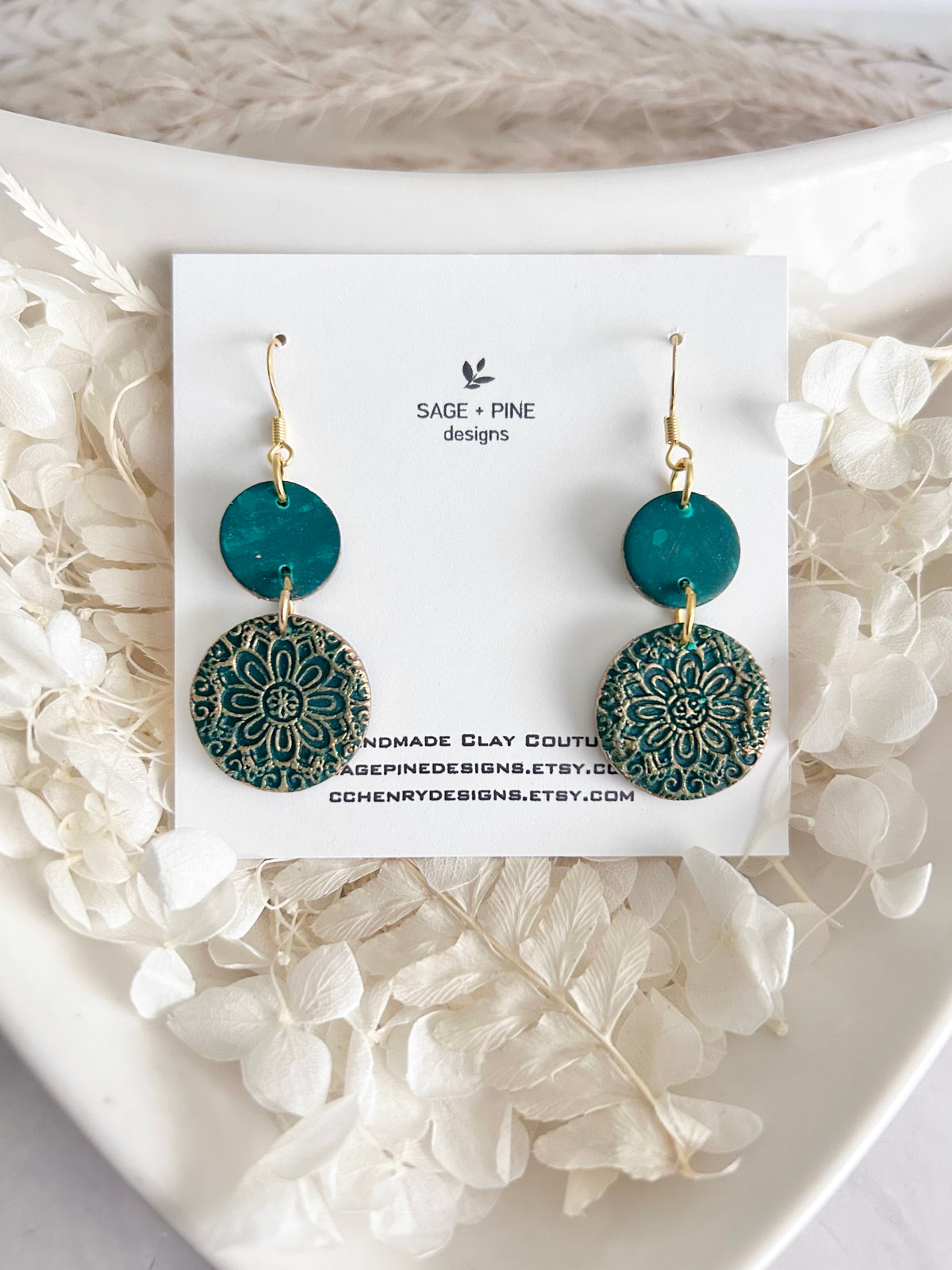 Kelly Green Earrings, Gold Mandala Embossed Dangles, Handmade Clay Boho Jewelry