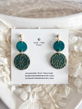 Kelly Green Earrings, Gold Mandala Embossed Dangles, Handmade Clay Boho Jewelry