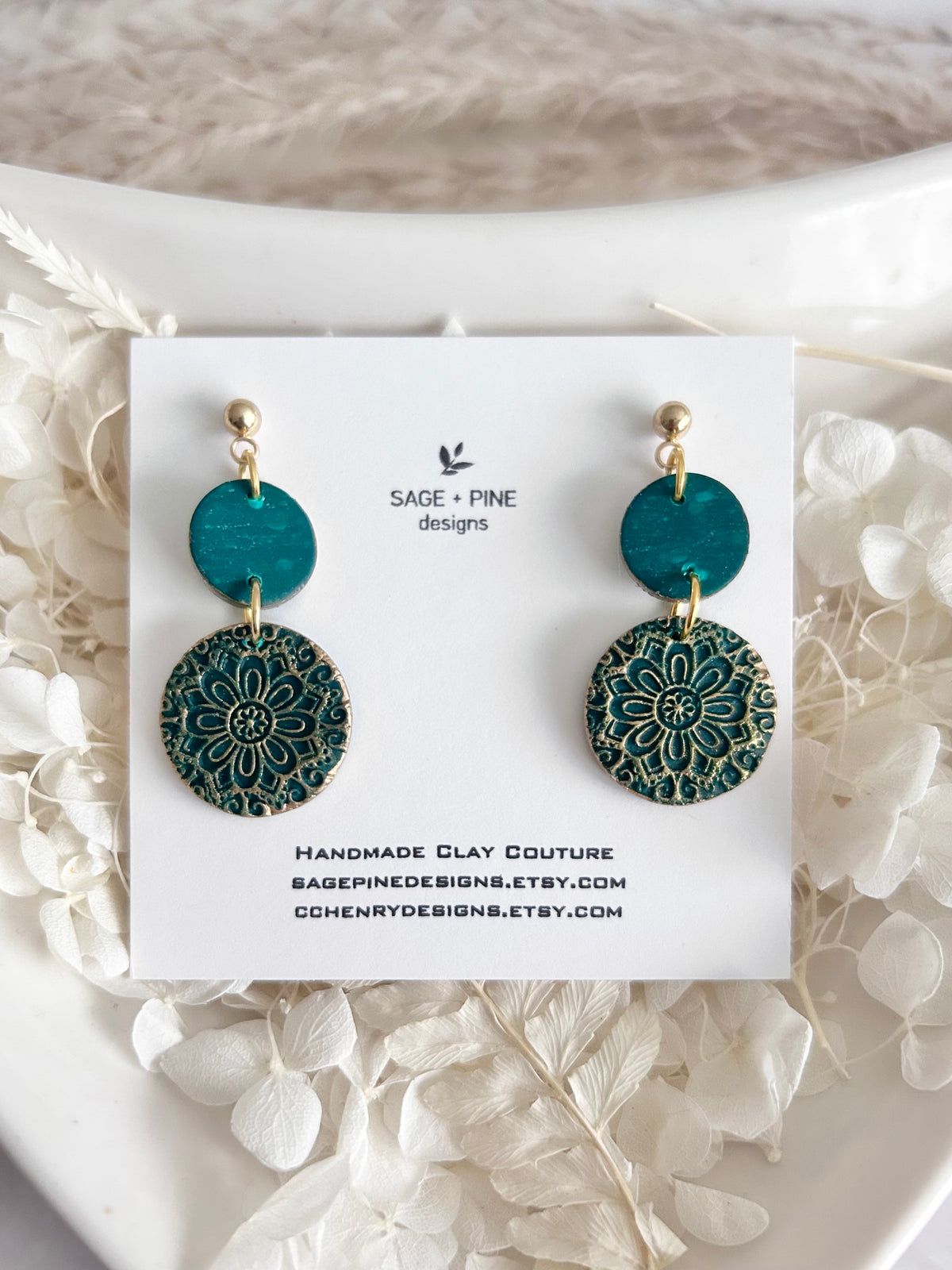 Kelly Green Earrings, Gold Mandala Embossed Dangles, Handmade Clay Boho Jewelry