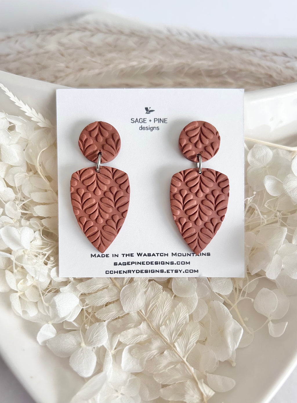 Boho Polymer Clay Earrings, Leaf Stud Post Dangles, Handmade Jewelry