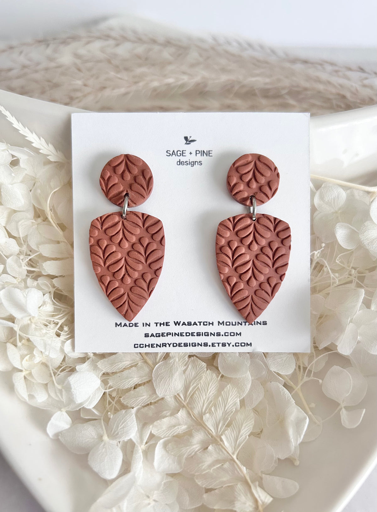 Boho Polymer Clay Earrings, Leaf Stud Post Dangles, Handmade Jewelry