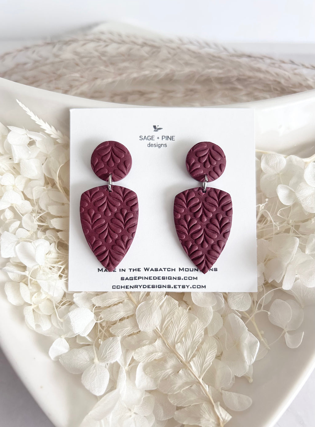 Boho Polymer Clay Earrings, Leaf Stud Post Dangles, Handmade Jewelry