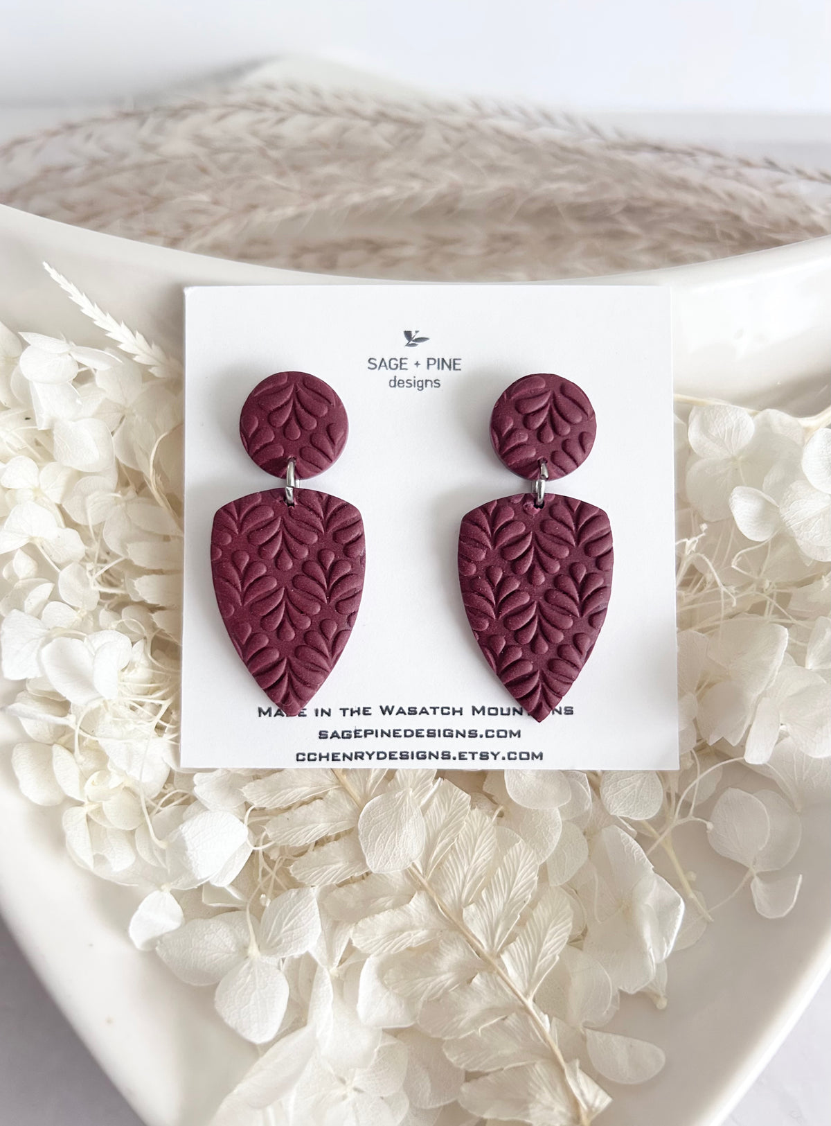 Boho Polymer Clay Earrings, Leaf Stud Post Dangles, Handmade Jewelry
